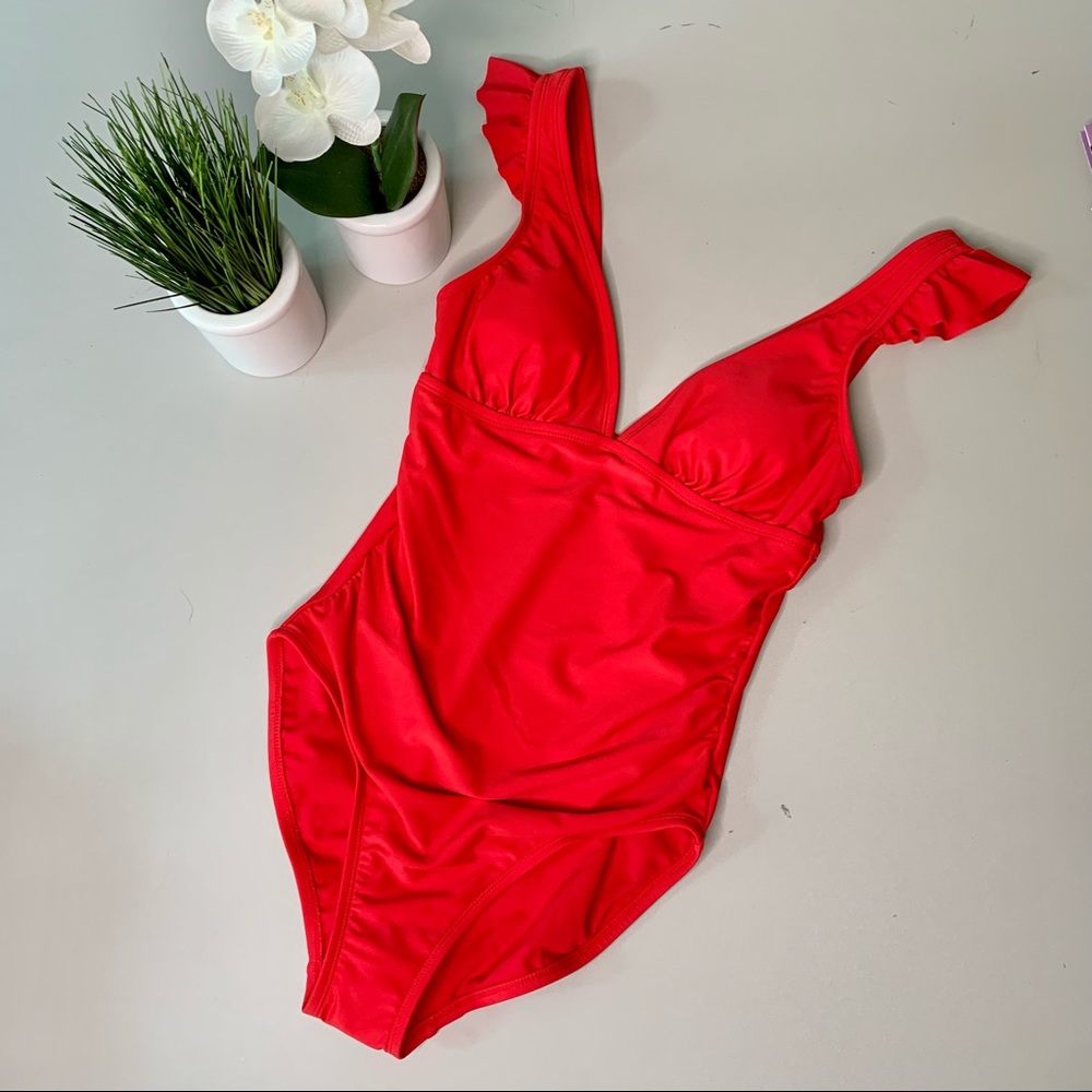 Kona Sol Ruffle Shoulder High Coverage Swimsuit - Picture 3 of 15